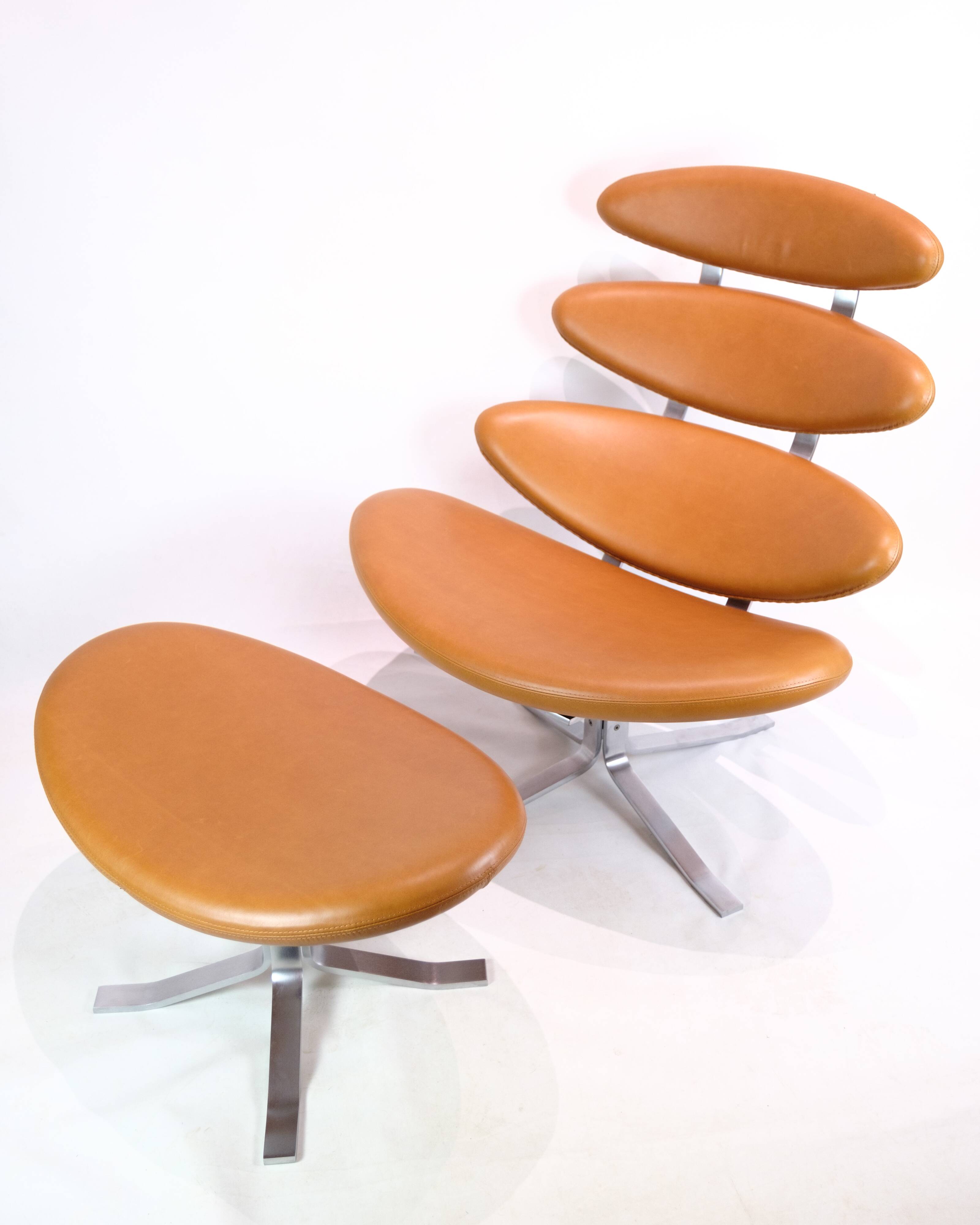 Corona Lounge Chair With Stool Model EJ 5 Made In Walnut Elegance Leather By Poul M. Volther