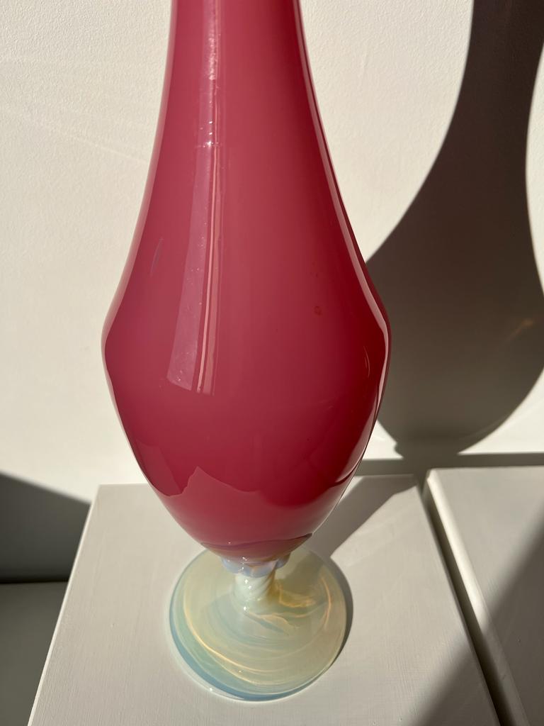 Vintage pink opaline glass vase, white foot h: 53cm