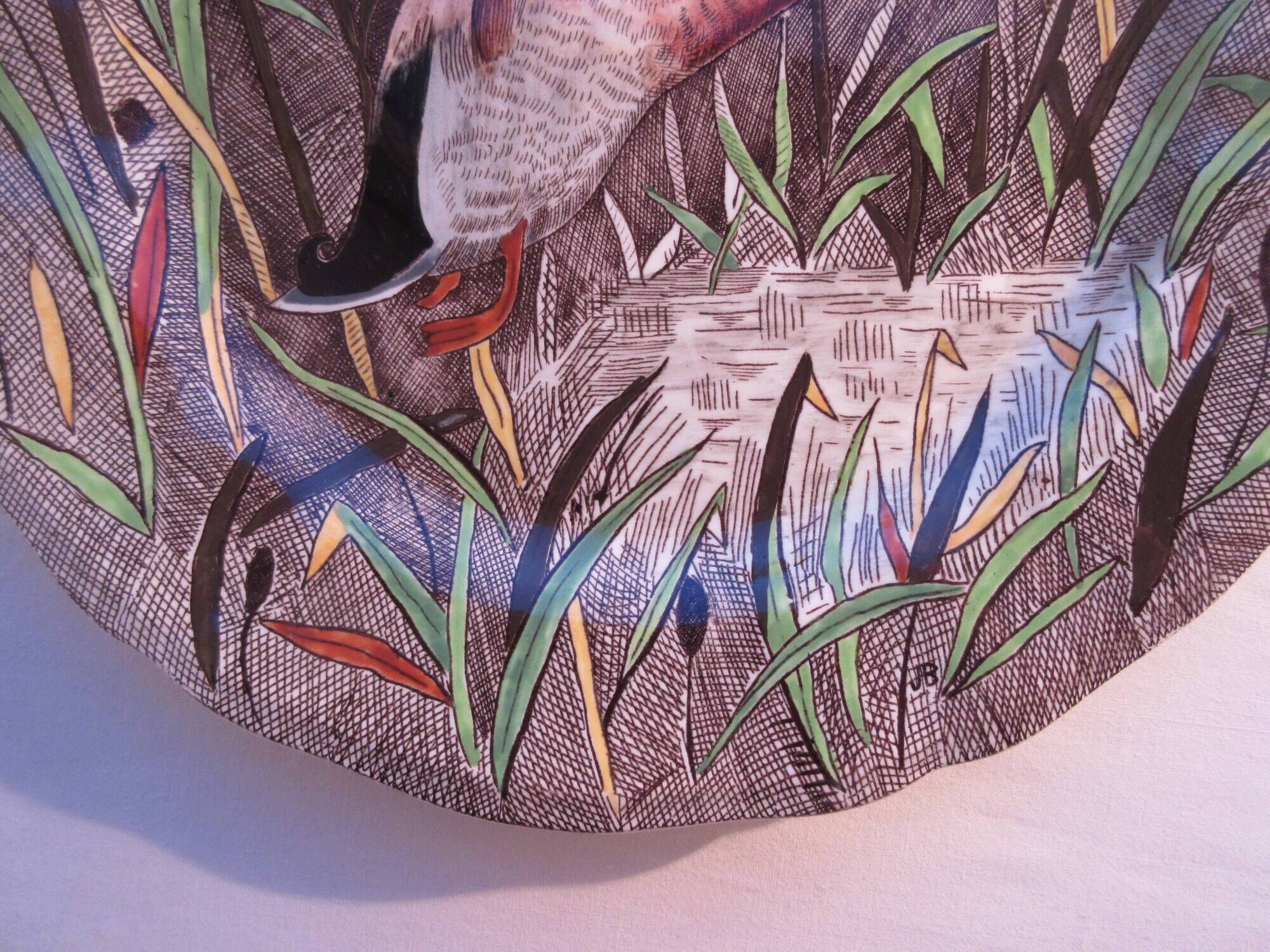 Flat plate signed Gien Rambouillet series, model Le Canard Green collar, 26cm