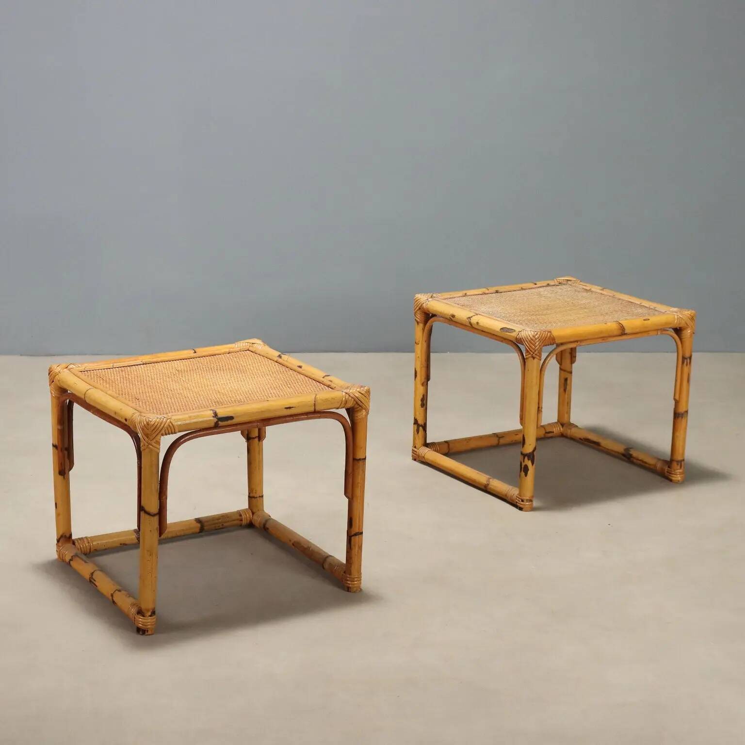 Vintage coffee tables in walnut and bamboo, Italian design 1970s-1980s.