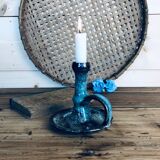 Blue glazed varnished sandstone cellar rat candlestick
