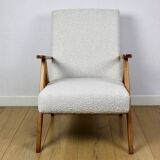 Vintage armchair B-310 VAR white structural boucle 1970s - natural wood in beech colour