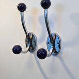 Pair of vintage chrome and blue coat hooks