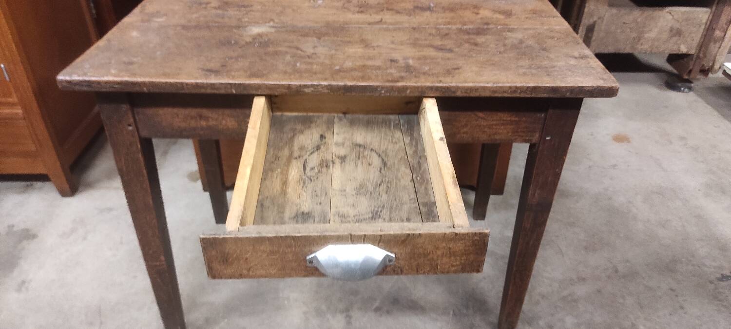 Small rustic children's table in old oak wood with drawer and shell handle