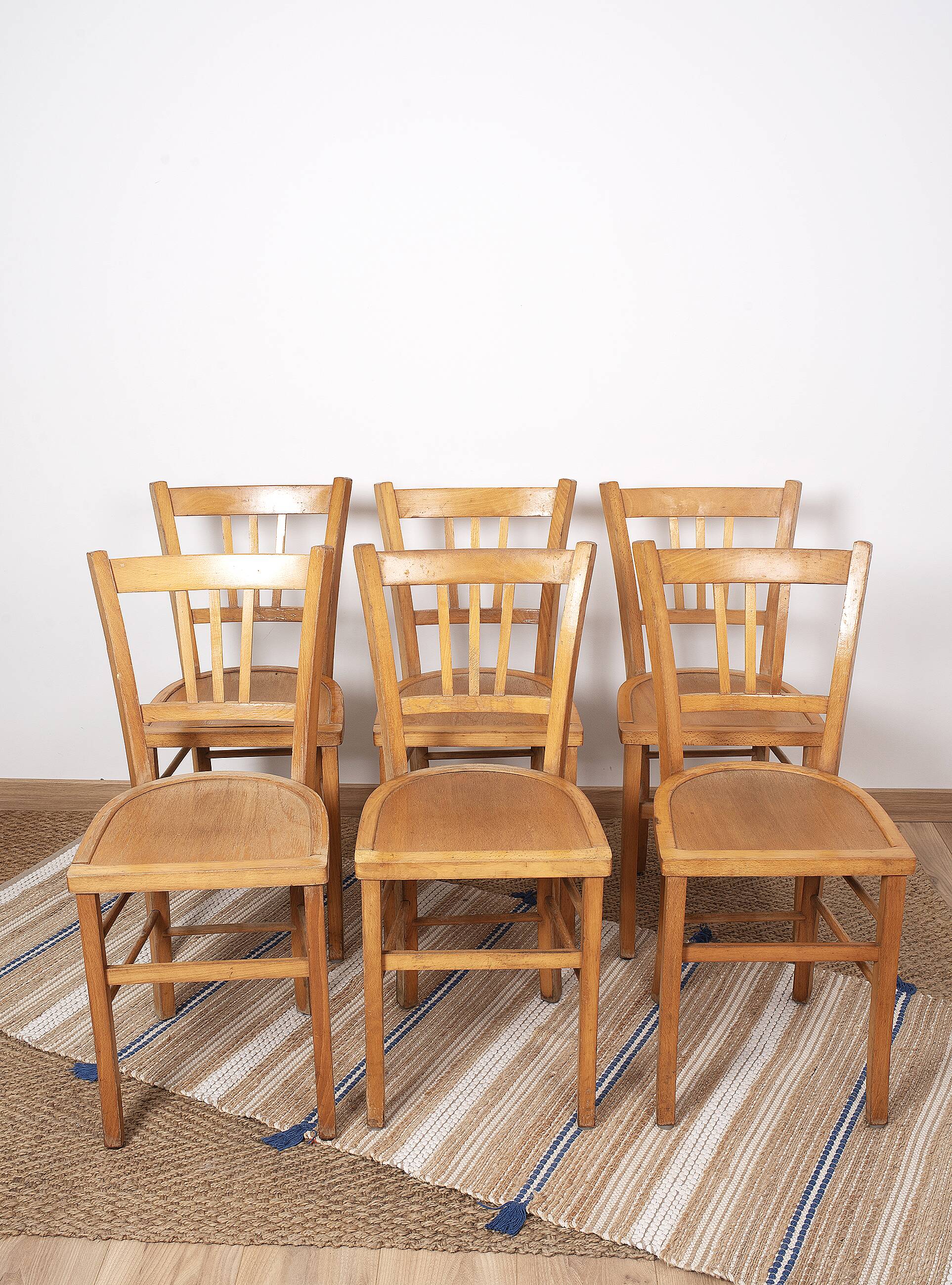 6 bistro chairs, blond wood, typical Luterma brand, 1950s-60s