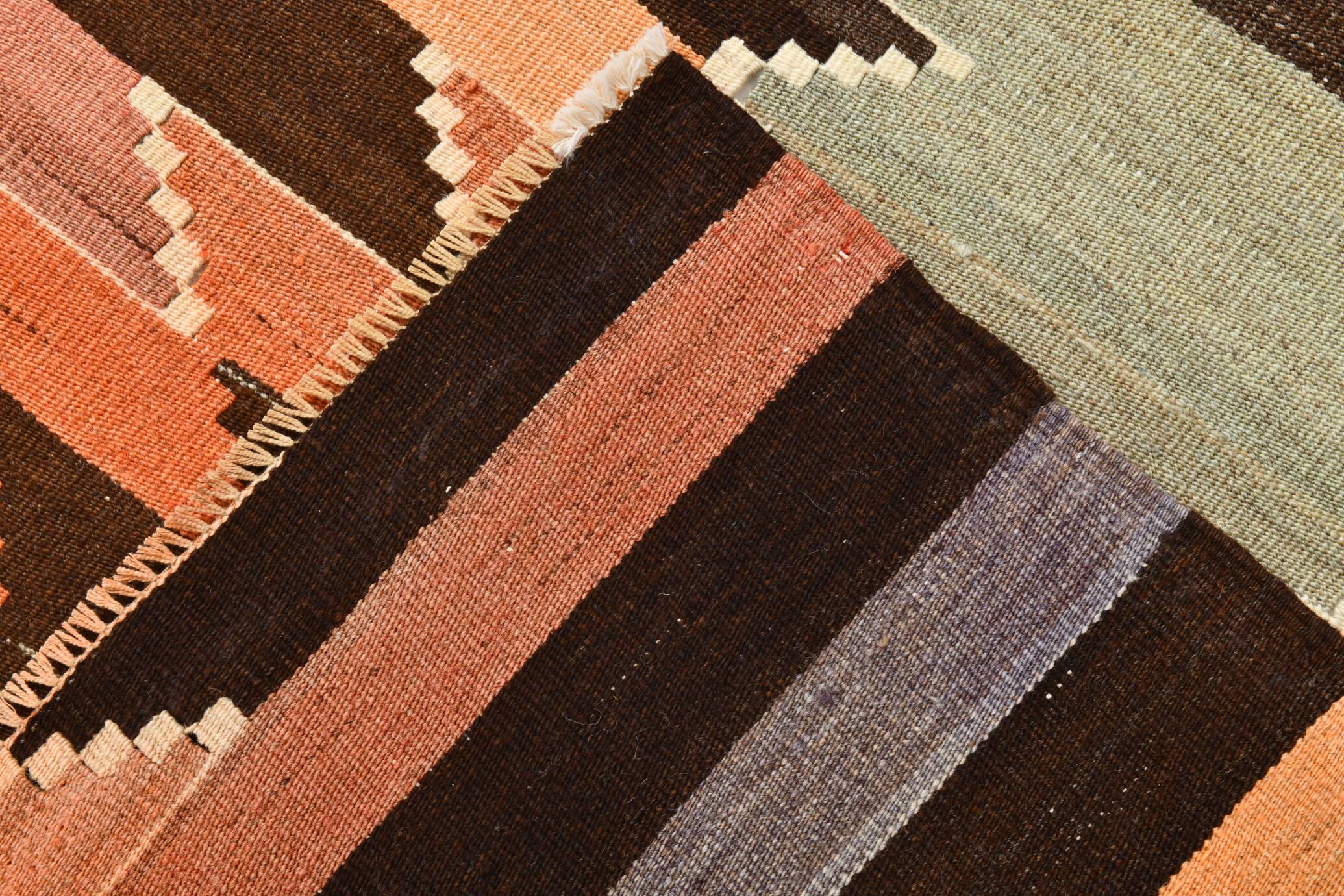 3x10 Orange  Brown Geometric Kilim Runner Rug, Handmade Wool Rug, 108x297Cm