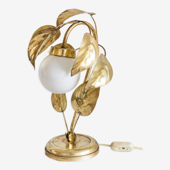 Golden metal lamp foliage and globe opaline glass vintage 80s
