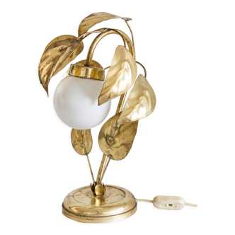 Golden metal lamp foliage and globe opaline glass vintage 80s