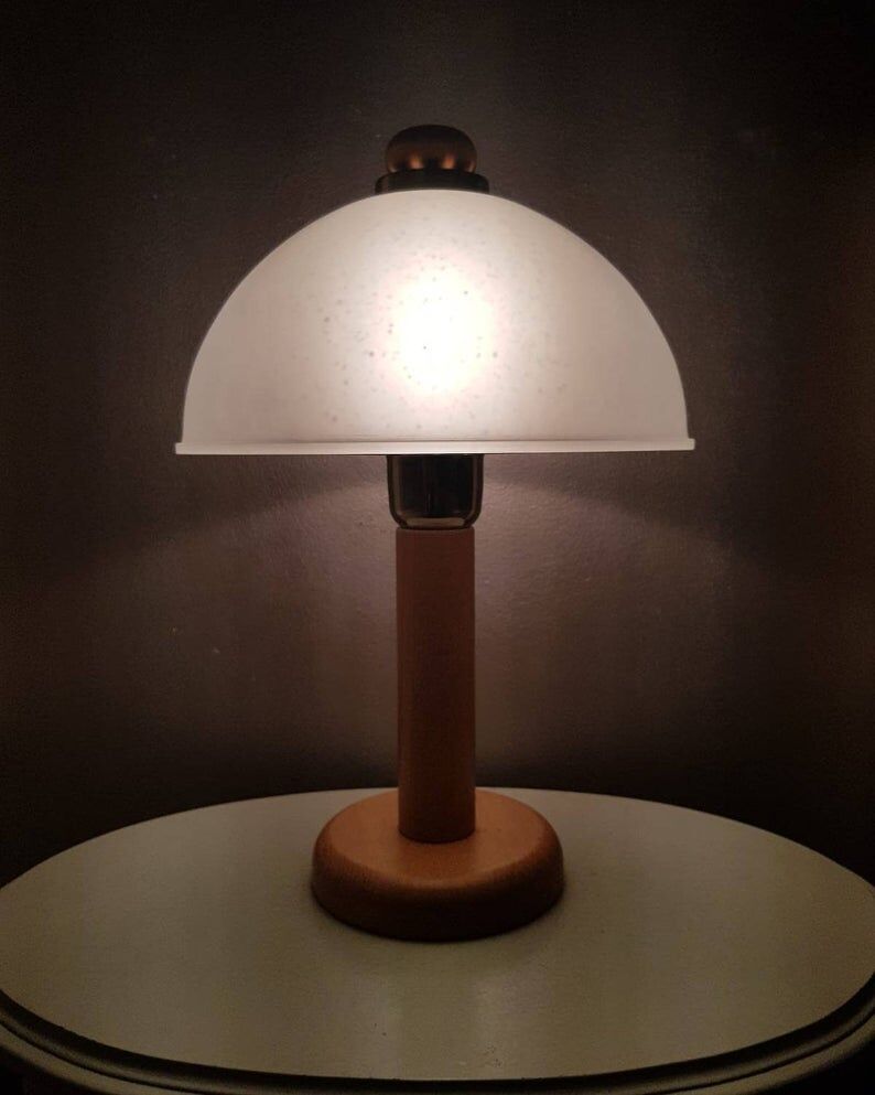 Vintage wooden table lamp with 1980 glass lampshade