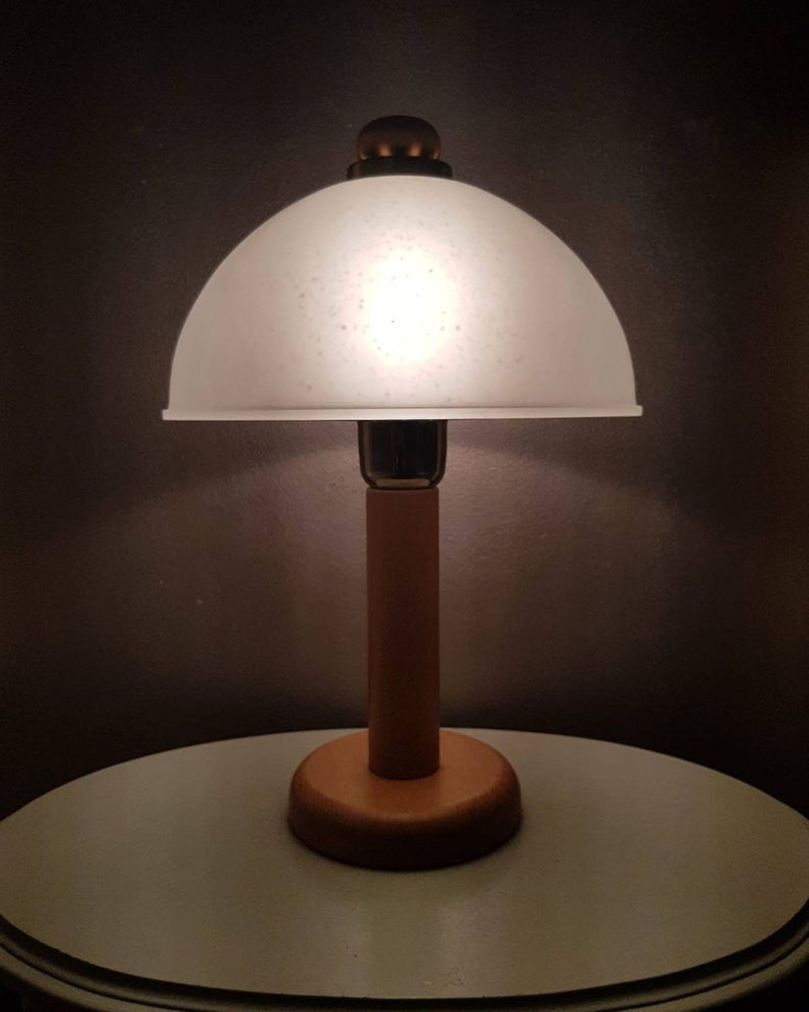 Vintage wooden table lamp with 1980 glass lampshade