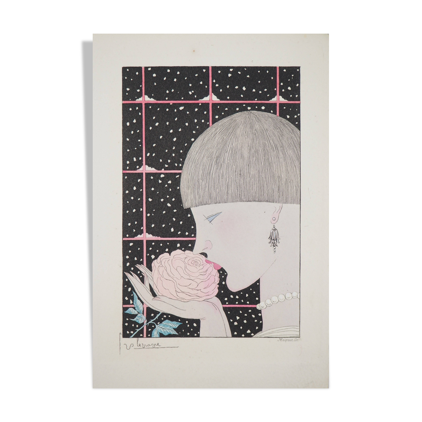 Georges Lepape: Art Deco, young woman with a rose, original signed engraving