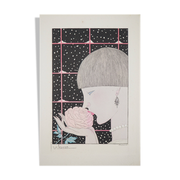 Gravure Art déco "Jeune femme à la rose" signée Georges Lepape