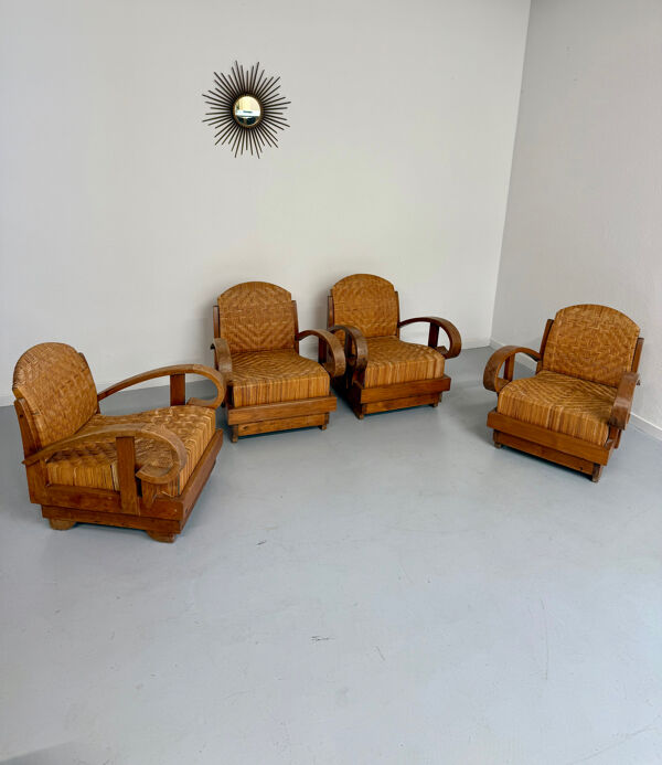 Lot de 4 fauteuils en rotin tissé style coloniale années 50