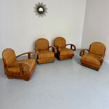 Set of 4 woven rattan armchairs, colonial style, 1950s