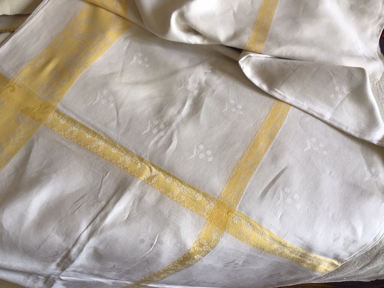 Large yellow and white vintage tablecloth