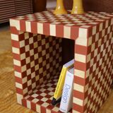 Side table - open cube bedside table with checkerboard in bone and terracotta resin