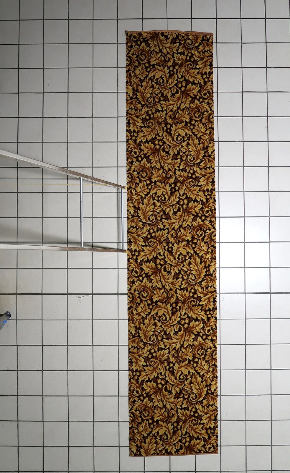 1960s German acrylic runner with gold and brown foliate 2.2' x 10.9' - 1C1288
