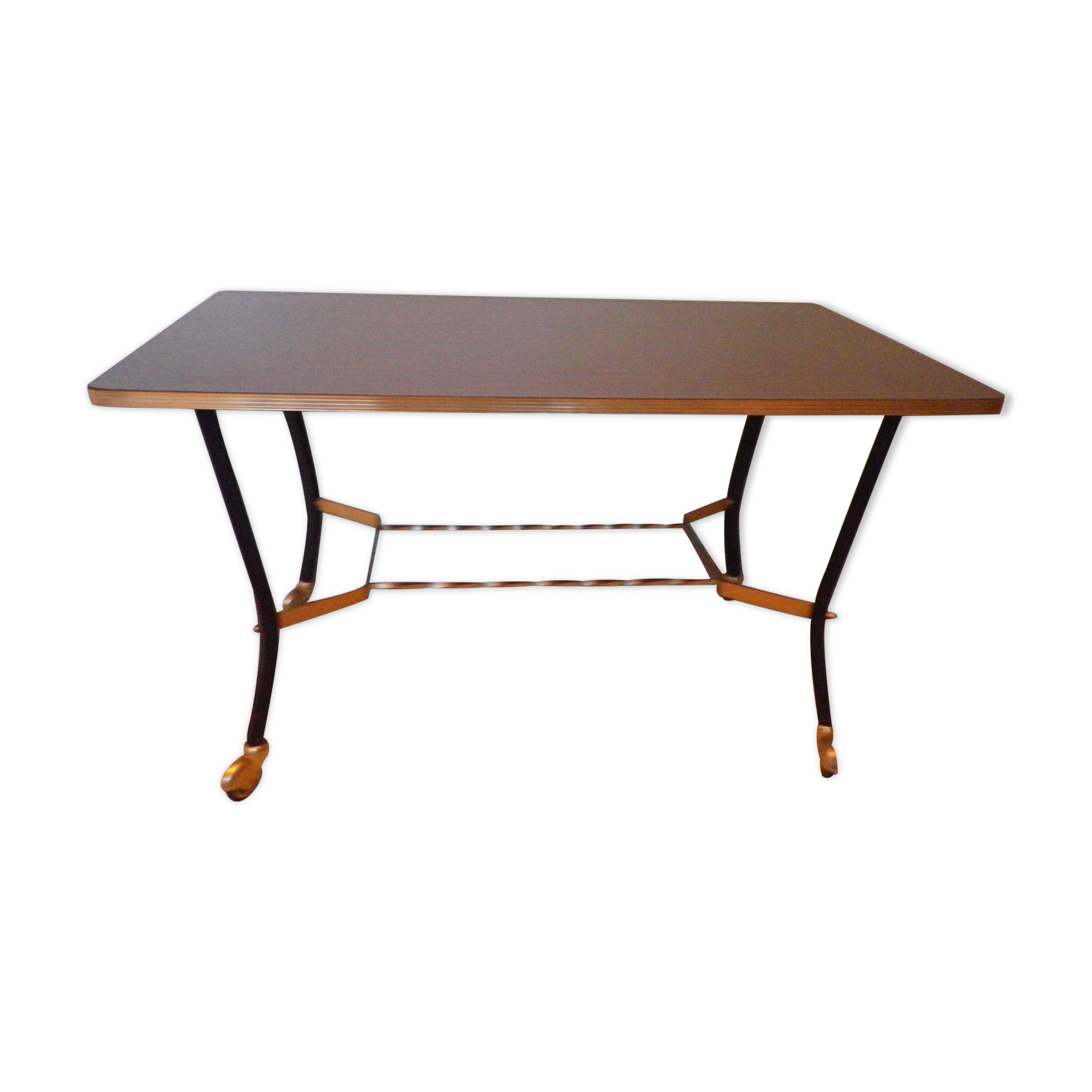 Lounge table, side table on wheels, formica top, gold and black metal