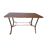 Lounge table, side table on wheels, formica top, gold and black metal