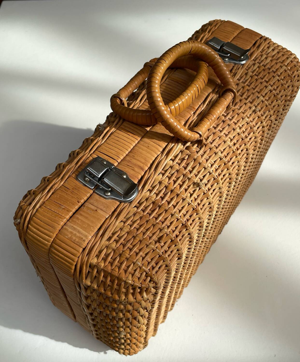 Small vintage rattan suitcase, bohemian spirit, 1960s-70s.