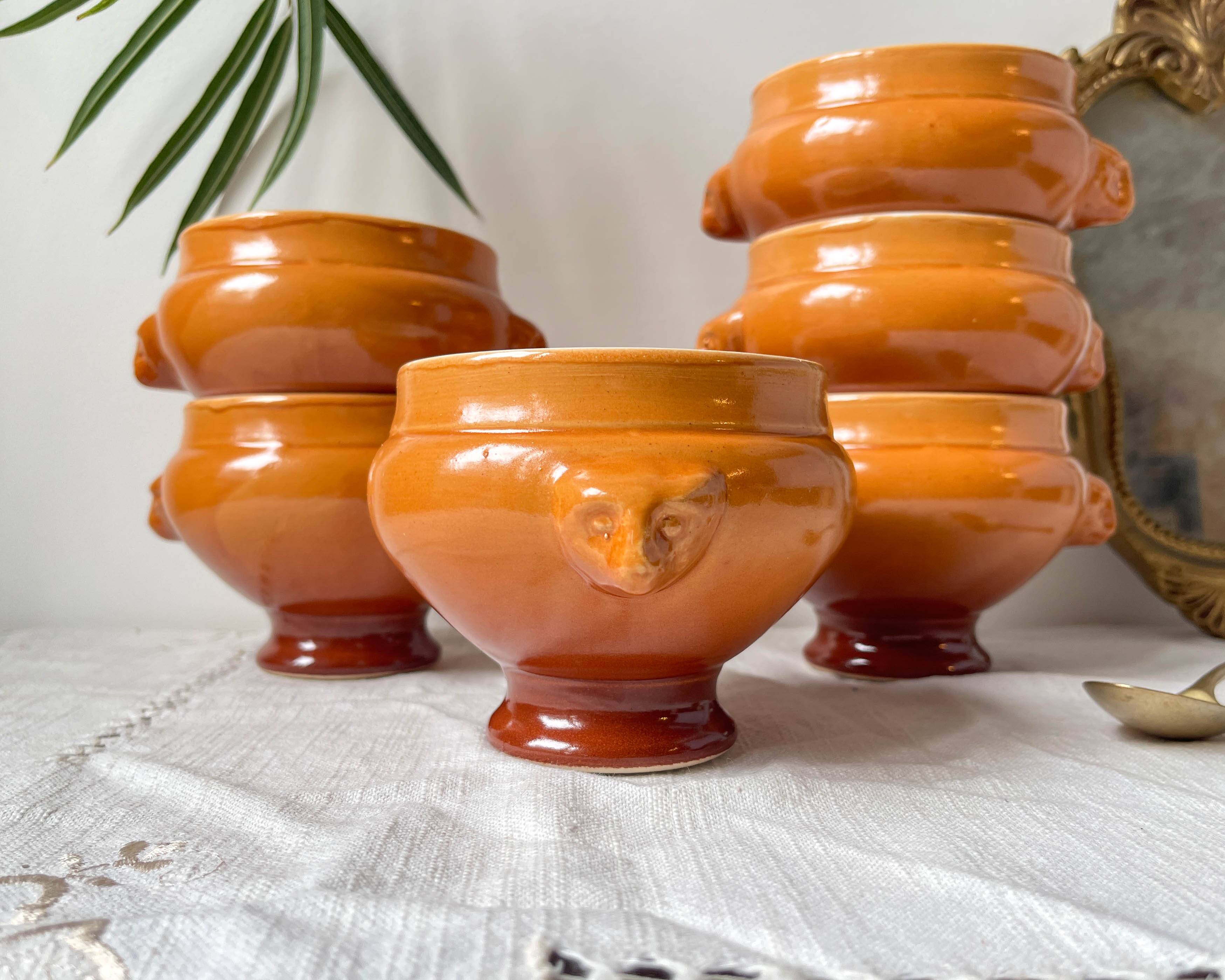 6 vintage Emile Henry ceramic lion head bowls, brown gradient, made in France