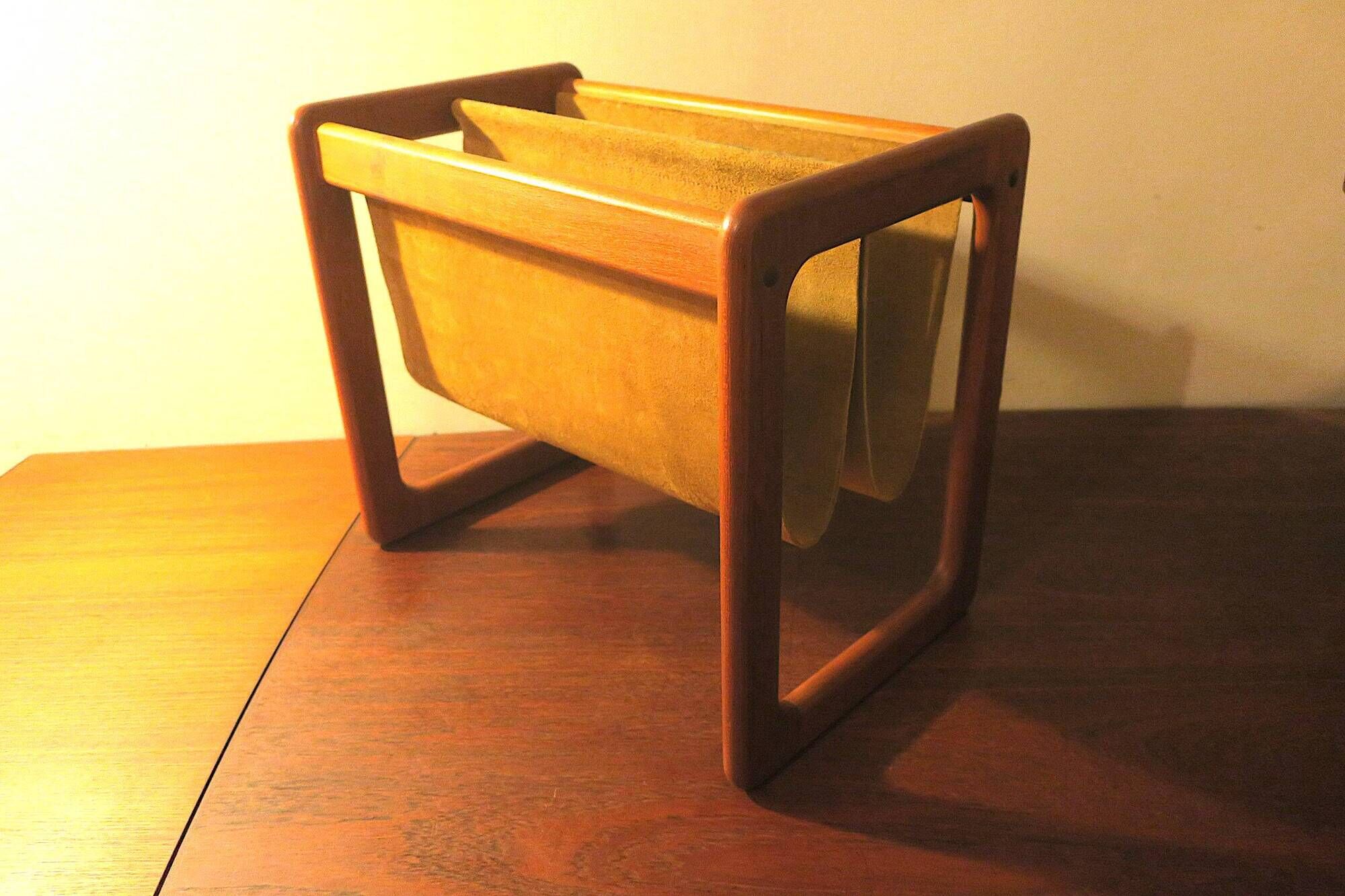Magazinr rack in teak and suede leather by Aksel Kjersgaard, 1960s