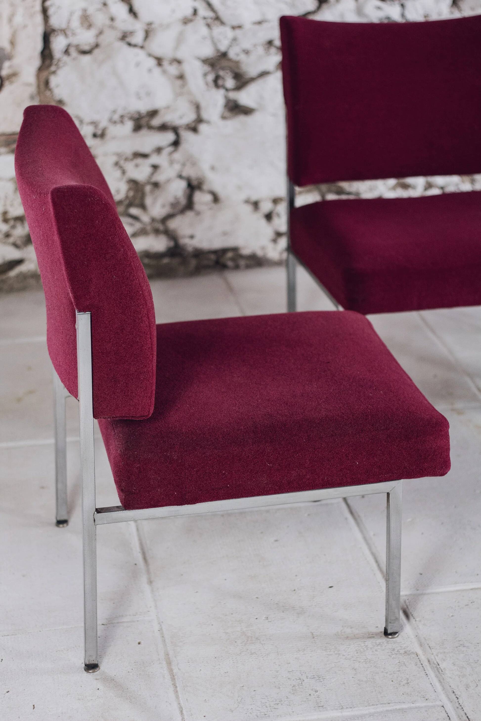 Set of 4 modernist burgundy armchairs, 1970.