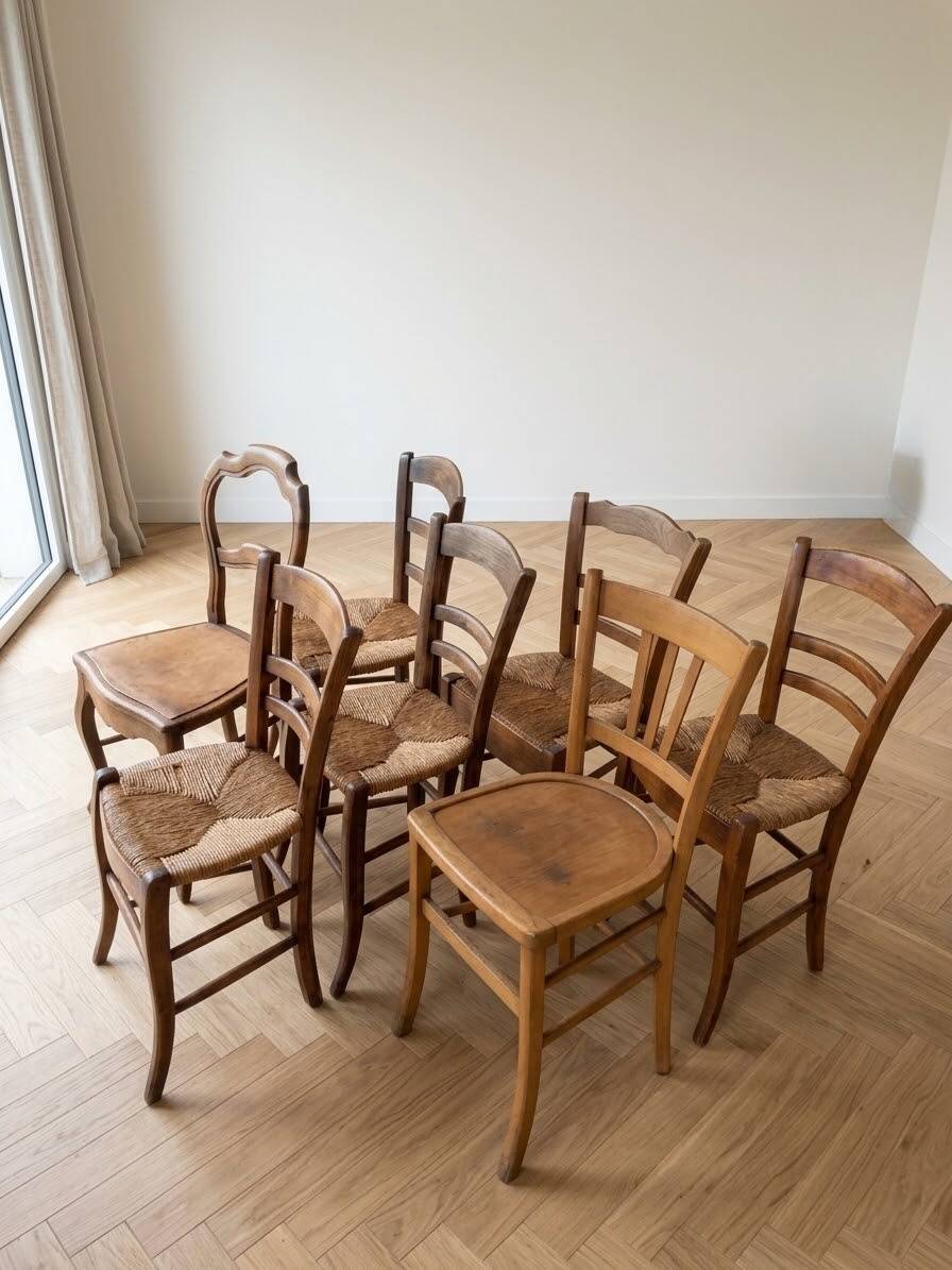 Set of 7 antique wooden and straw chairs.