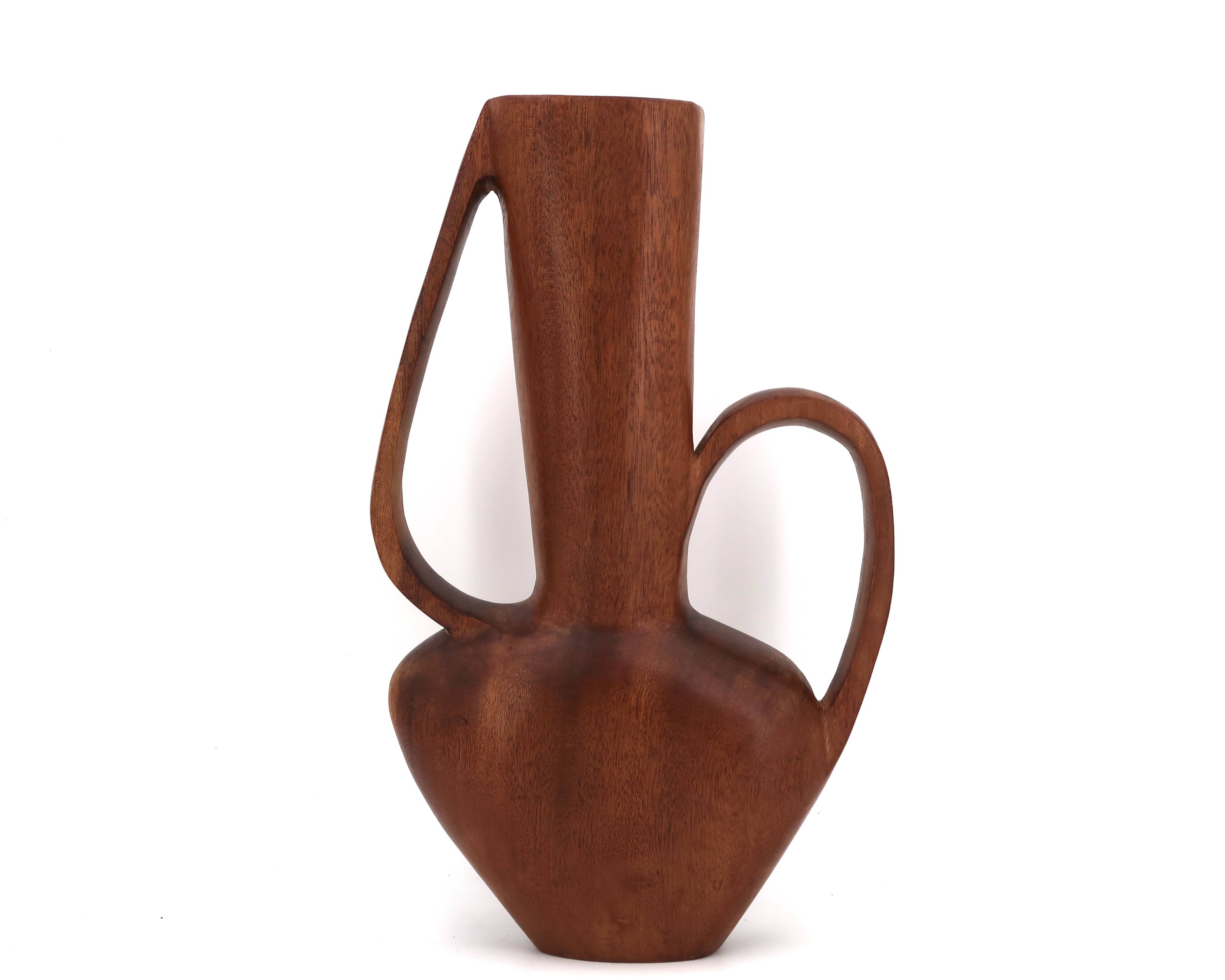 Grand vase jarre à anses sculptural en bois, années 50