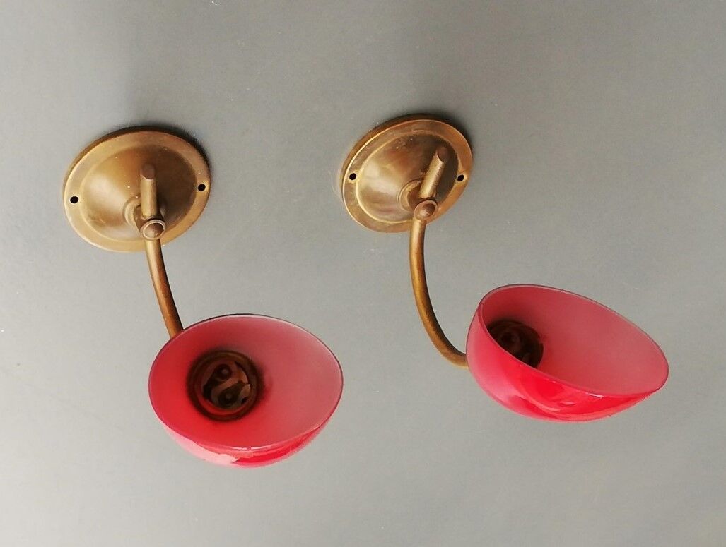 Pair of 60s sconces in brass and opaline