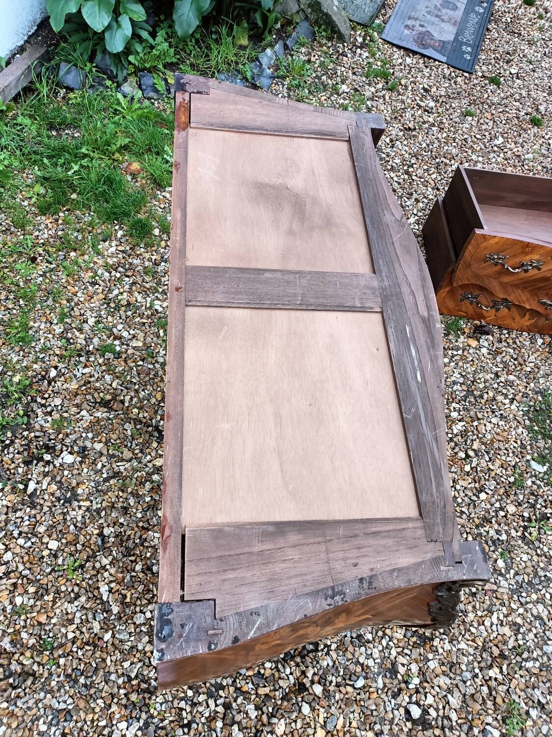 Old marquetry chest of drawers, Louis XV style marble top