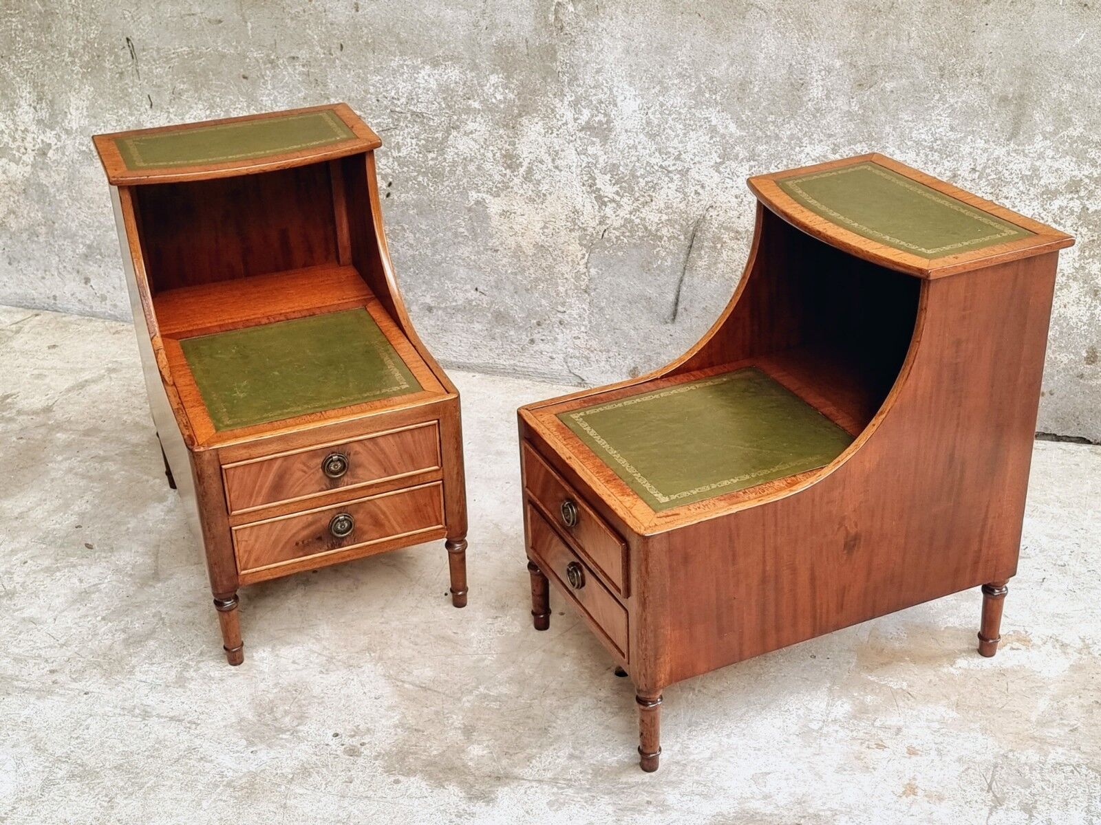 Set of mid century bedside tables with inlaid leather