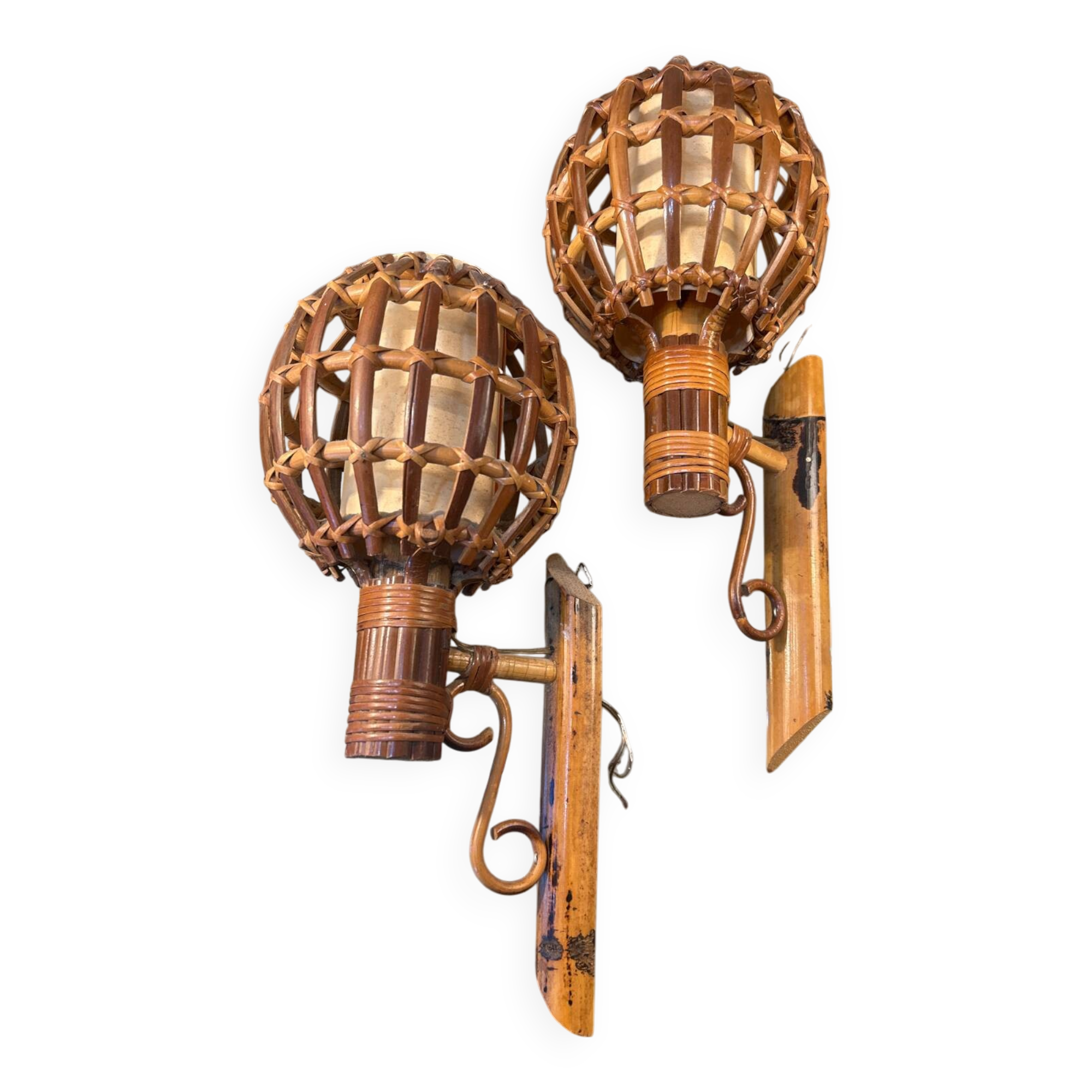 Pair of wall lights, rattan, 1950