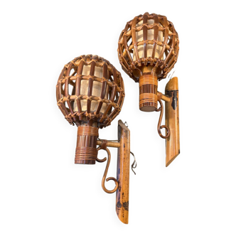 Pair of wall lights, rattan, 1950