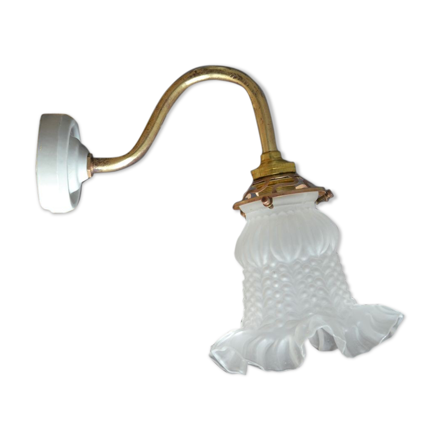 Wall lamp with glass tulip lampshade, brass swan collar holder and porcelain
