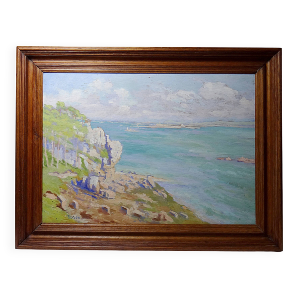 Grand paysage marine falaises huile sur panneau encadré paul ruben (1882-19