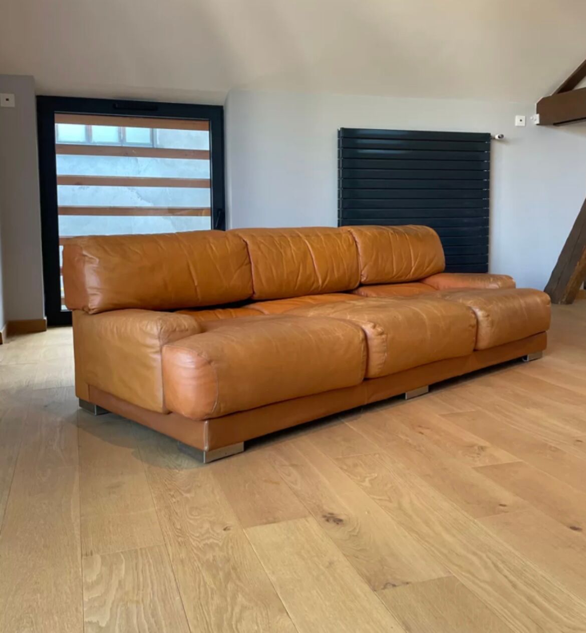 Vintage 3-seater sofa Gérard Guermonprez fawn and stainless steel leather, France 1970