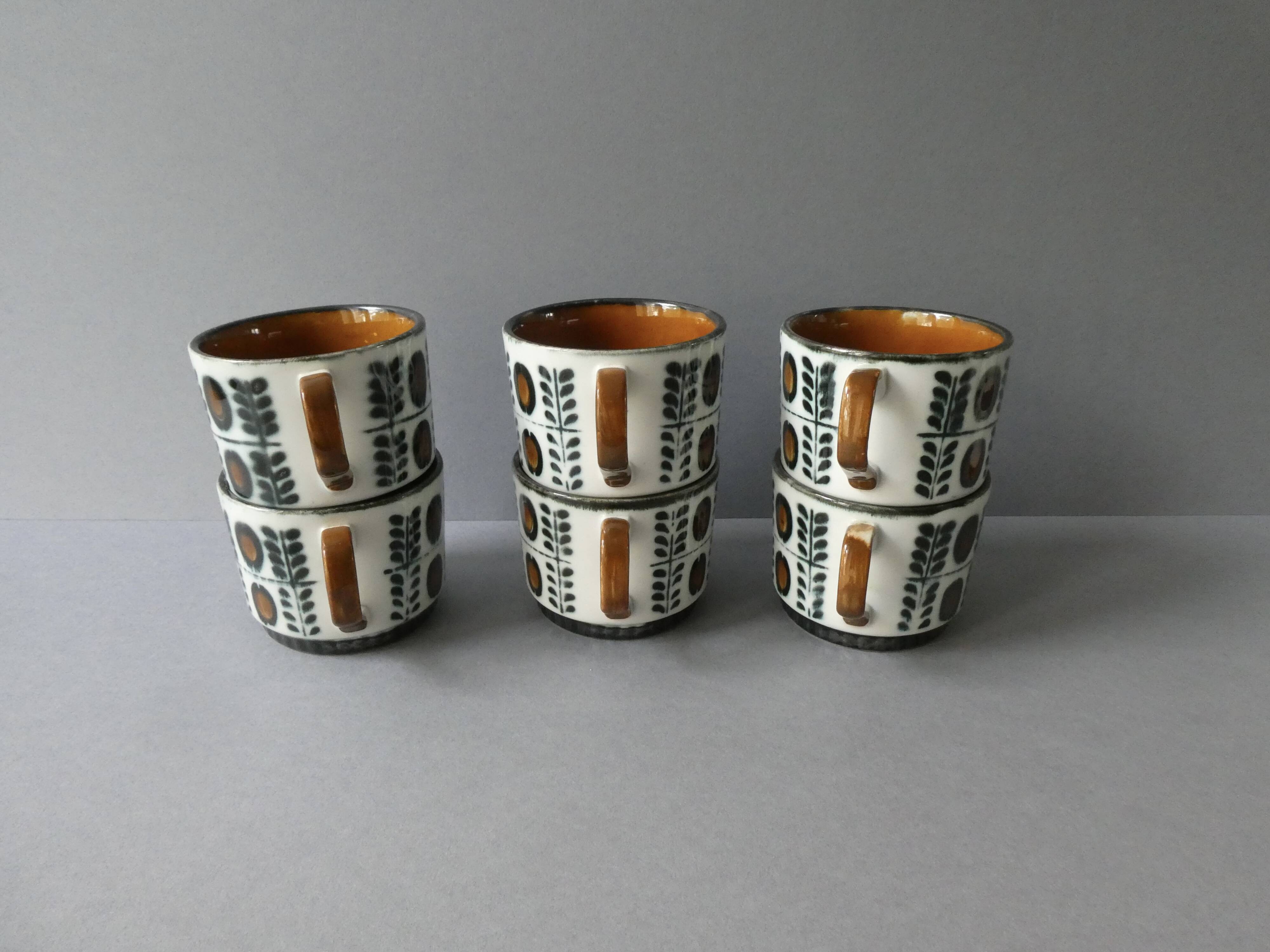 6 Boch La Louvière coffee cups, walnut decor, 1960s