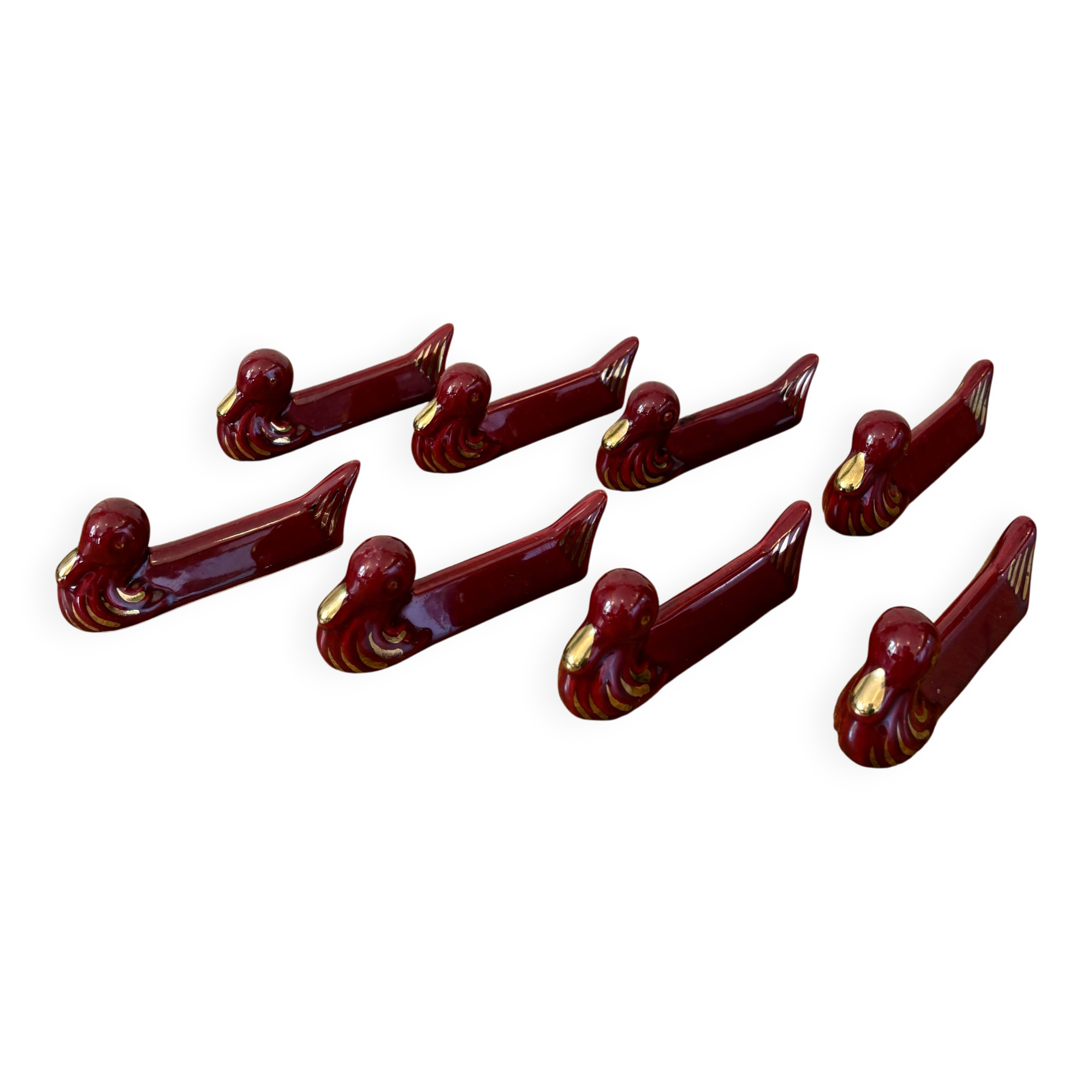 Set of 8 vintage slip knife holders in the shape of red ducks and