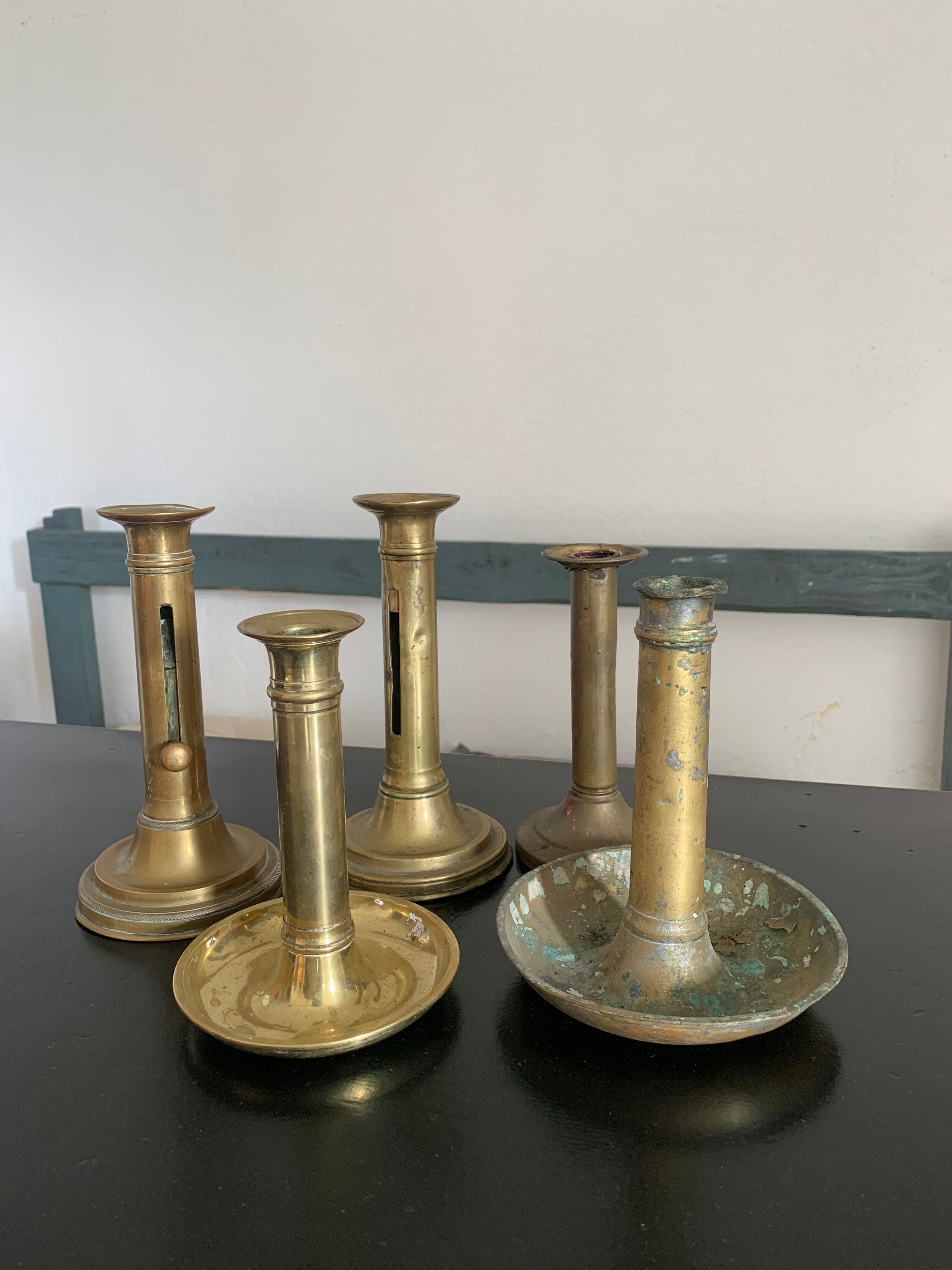 Set 5 vintage brass candlesticks