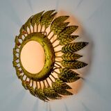 Sun wall lamp by ferro arte, metal and gold leaf and opaline glass, Spain, 1960