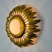Sun wall lamp by ferro arte, metal and gold leaf and opaline glass, Spain, 1960