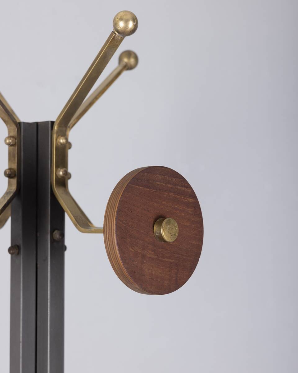 Vintage 1960s floor coat rack in black metal and wood, Italian design
