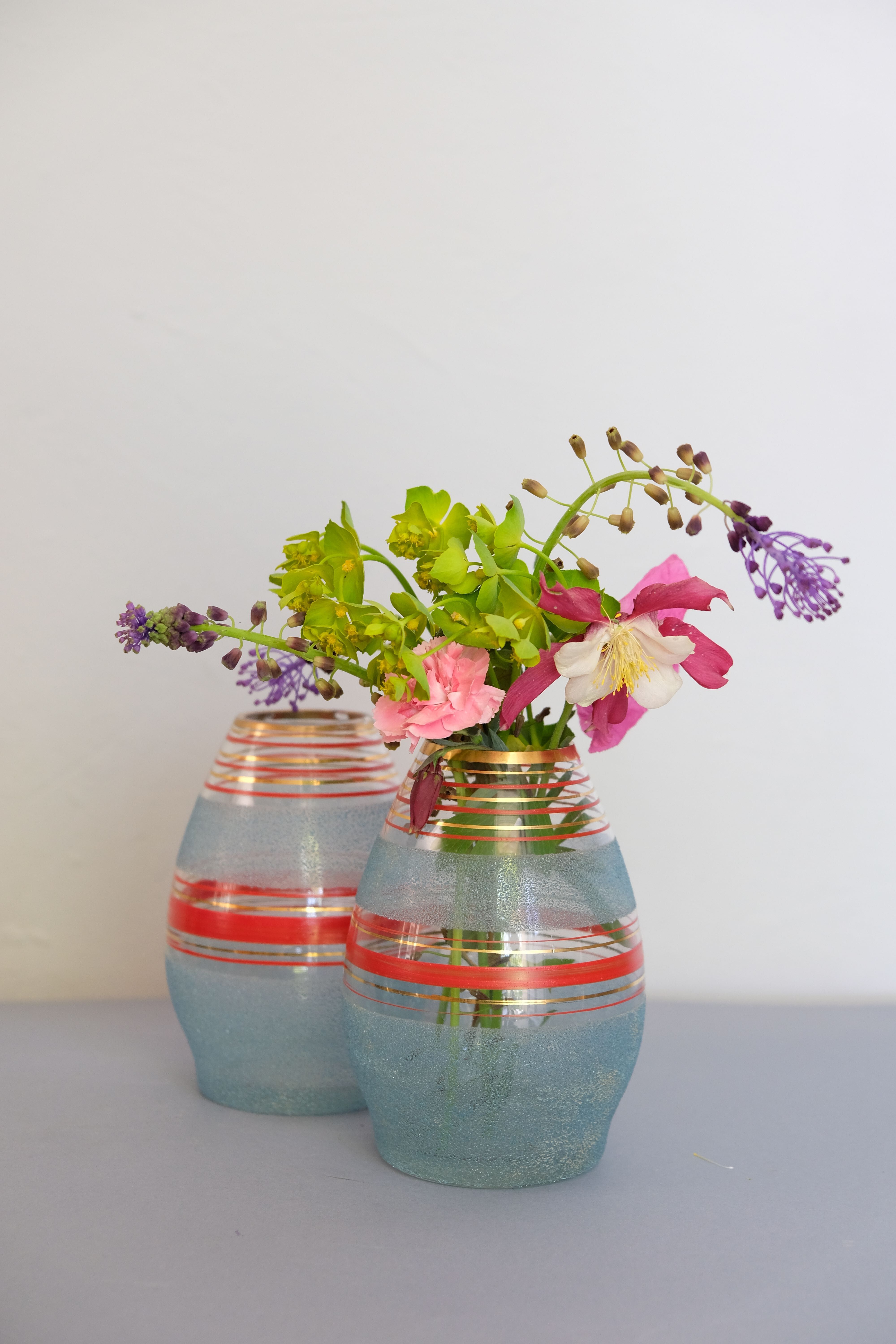 Vase year 50/60 blue granite glass, golden red stripes