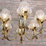 Mid-Century 6-light chandelier in Massive Brass - Iridescent Moulded Glass, Germany 1960s