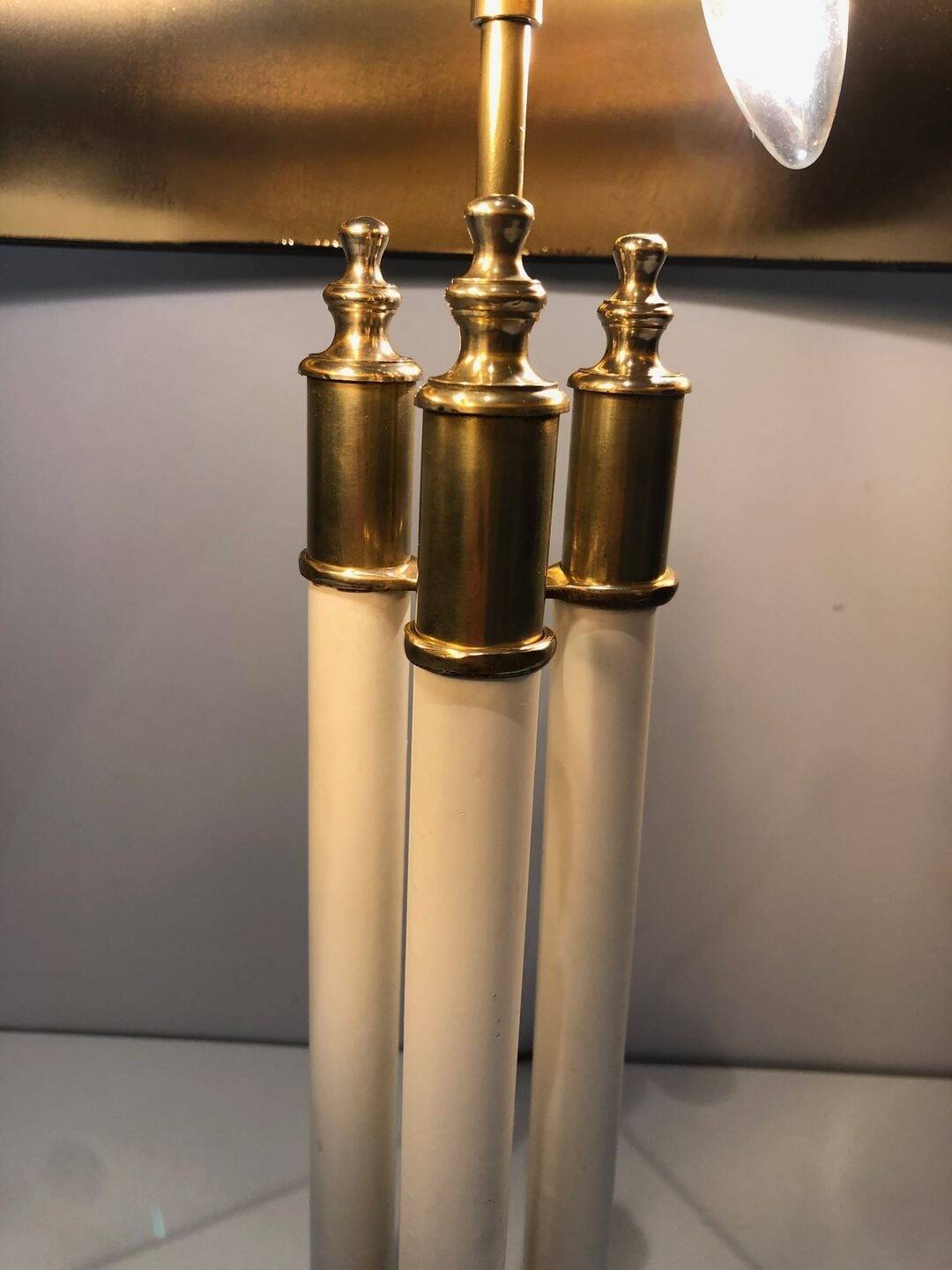 Pair of Brass and White Lacquer Table Lamps, Neoclassical Style, Tr