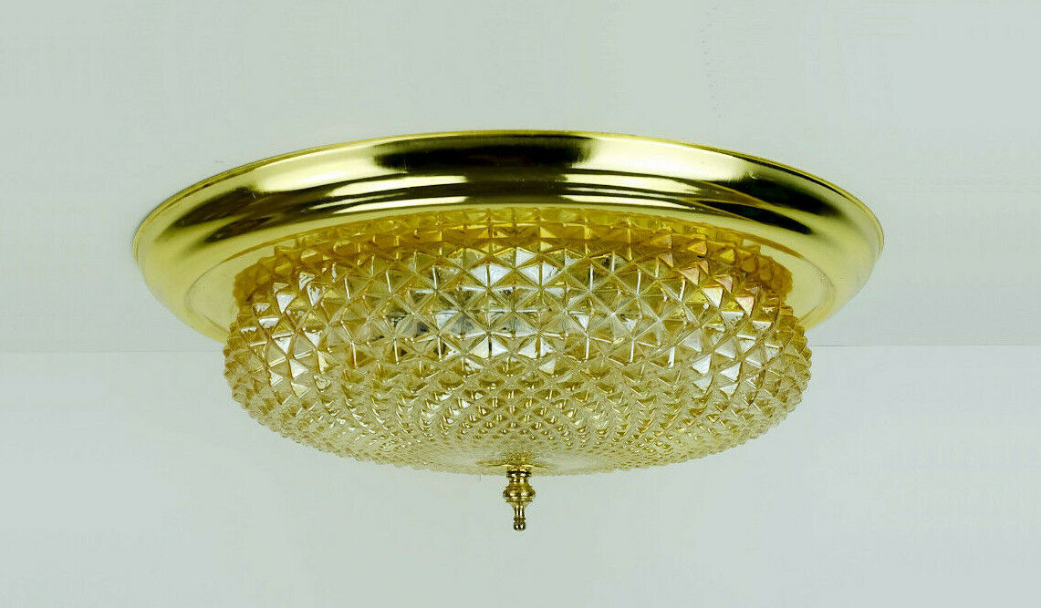 mid century ceiling LAMP flush mount textured amber glass and brass 1970s