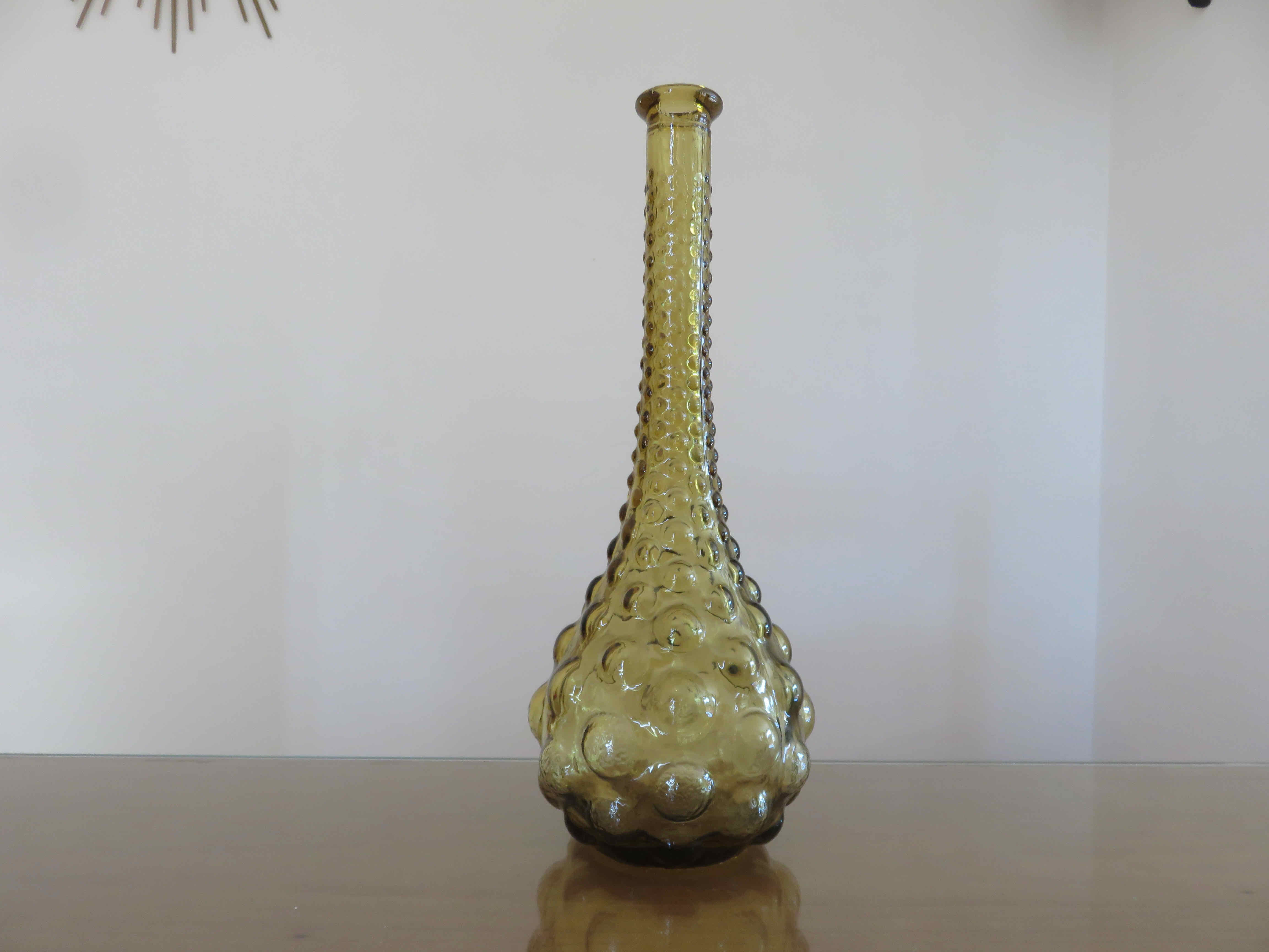Bottle, carafe, Empoli, Italy, yellow bubbled glass, 60s 70s