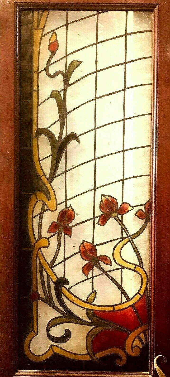 Pair of art deco doors in glass painted in imitation of 20th century stained glass