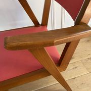 Vintage armchair from the 50s/60s – wood & red faux leather – Scandinavian style